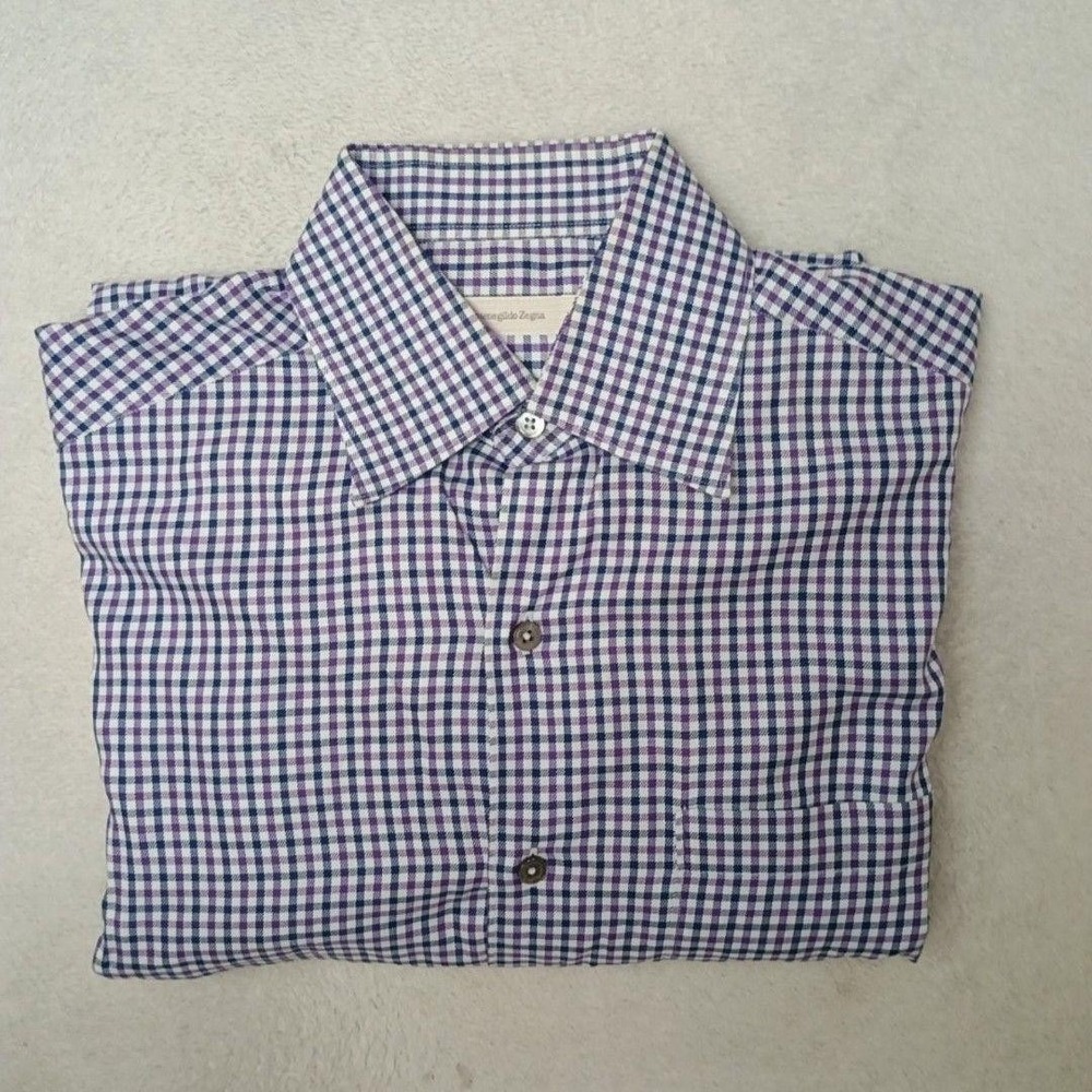 Ermenegildo Zegna Shirt Mens M Purple Check Button-Up Collared Long Sleeve